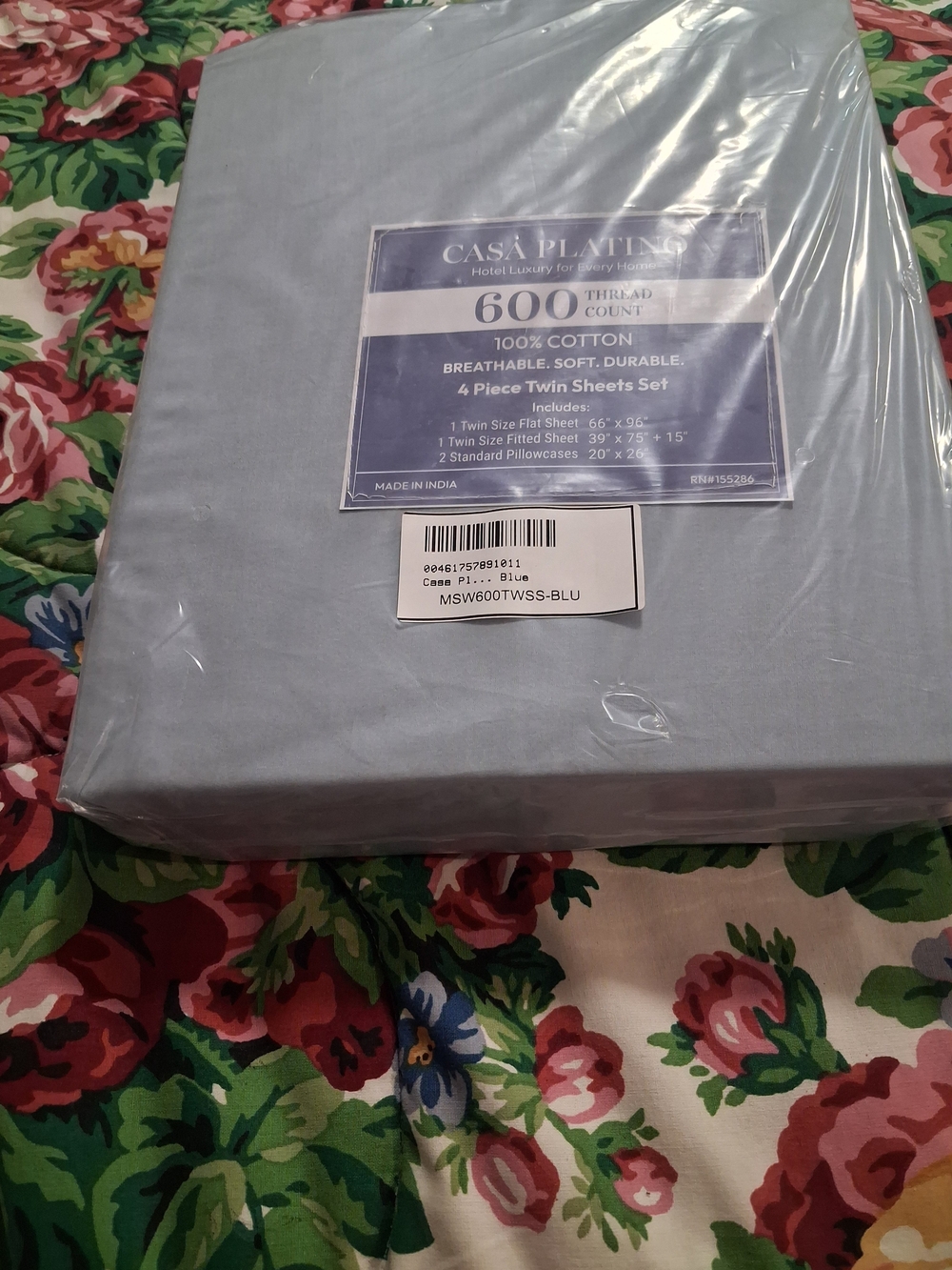 600-Thread Cotton Twin Sheet Set in Light Blue